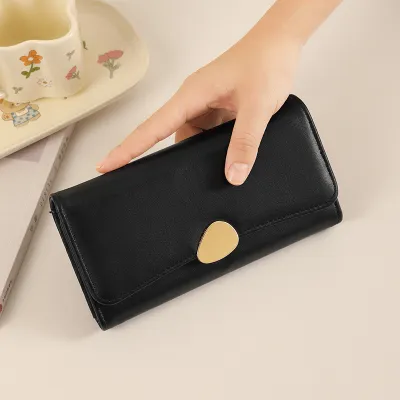Women Fashion Casual Solid Color Litchi Pattern Triple Folding Long Wallet