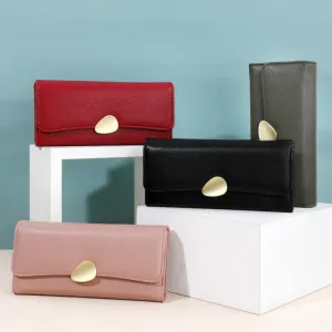 Women Fashion Casual Solid Color Litchi Pattern Triple Folding Long Wallet