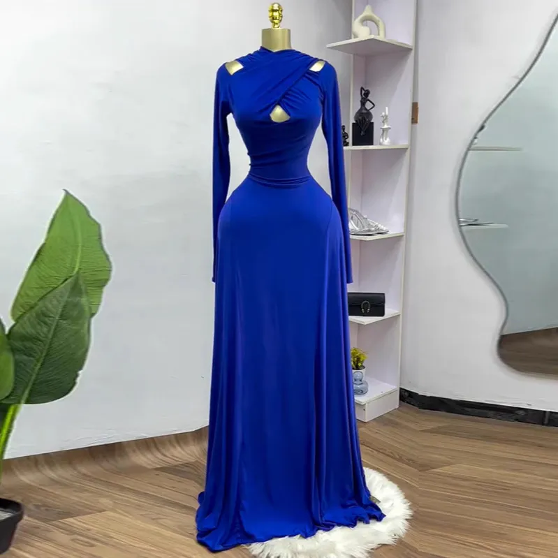 Women Elegant Solid Color Hollow-Out Long-Sleeve Maxi Dress