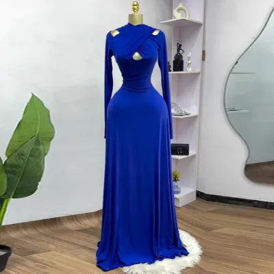 Women Elegant Solid Color Hollow-Out Long-Sleeve Maxi Dress