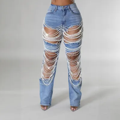 Women Fashion Sexy Ripped Rhinestone Chain Beaded Stretch Jeans