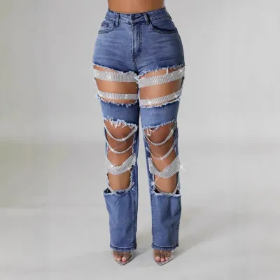 Women Fashion Sexy Ripped Rhinestone Chain Beaded Stretch Jeans
