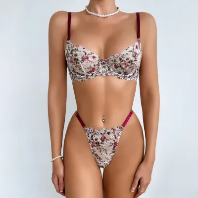 Women Sexy Lace Floral Printed Mesh Bra Underwear Set