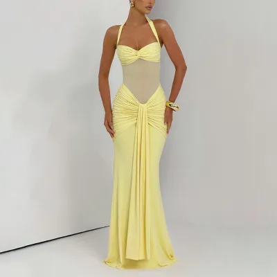 Women Sexy Solid Color Mesh Stitching Halter-Neck Lace-Up Maxi Dress