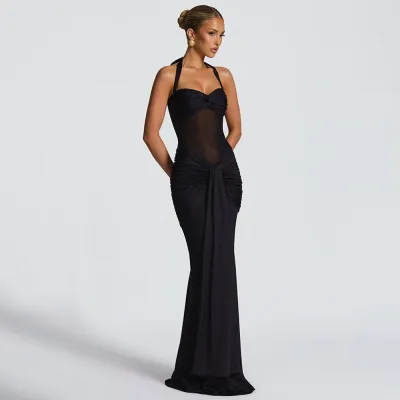 Women Sexy Solid Color Mesh Stitching Halter-Neck Lace-Up Maxi Dress