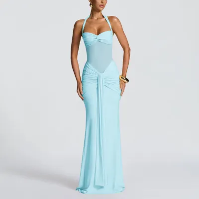 Women Sexy Solid Color Mesh Stitching Halter-Neck Lace-Up Maxi Dress