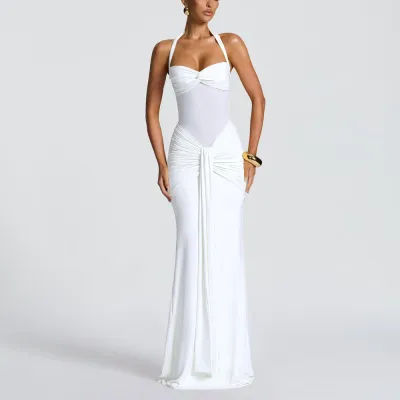 Women Sexy Solid Color Mesh Stitching Halter-Neck Lace-Up Maxi Dress