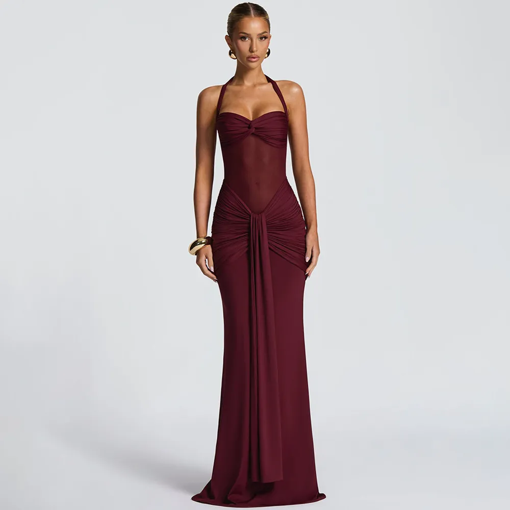 Women Sexy Solid Color Mesh Stitching Halter-Neck Lace-Up Maxi Dress