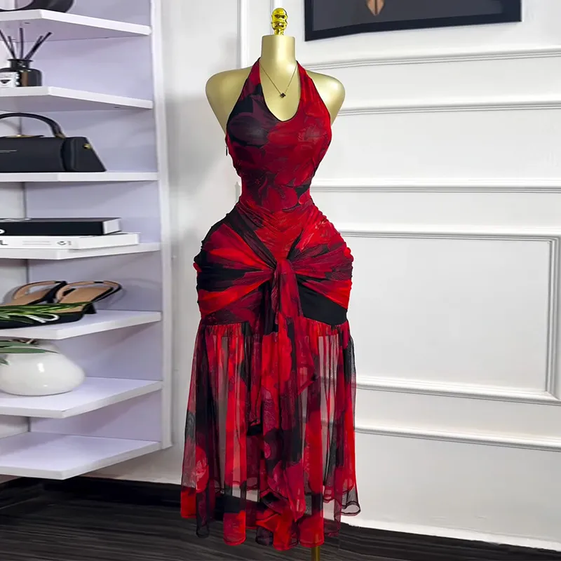 Women Sexy Elegant Printed Halter-Neck Backless Mesh Dress