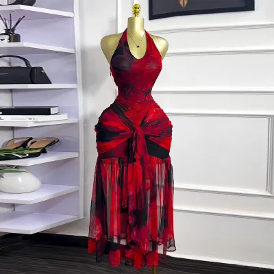 Women Sexy Elegant Printed Halter-Neck Backless Mesh Dress