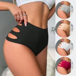 Women Fashion Hollow-Out Seamless High Waist Panties Solid Color Nylon