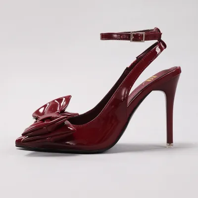 Women Sexy Solid Color Patent Leather Bowknot Pointed Toe Stiletto Heels Shoes