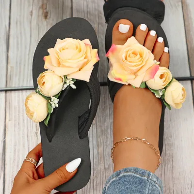 Women Fashion Elegant Flower Decoration Flip-Flops Thick Sole Slippers EVA