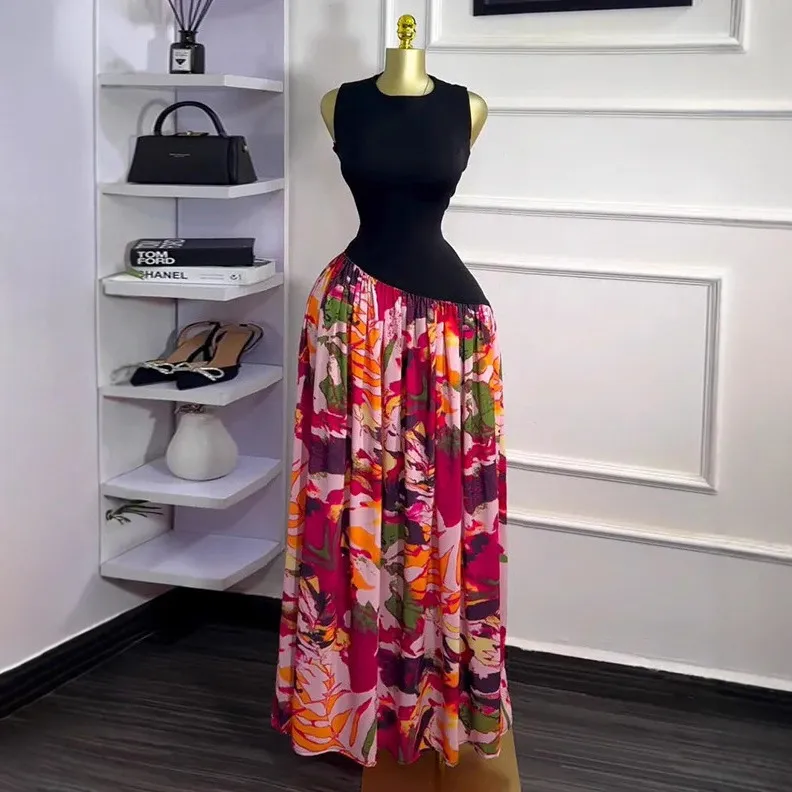 Women Fashion Sexy Printed Stitching Sleeveless Slim Fit Dress