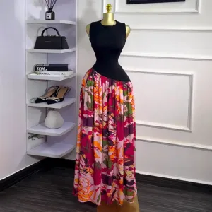 Women Fashion Sexy Printed Stitching Sleeveless Slim Fit Dress