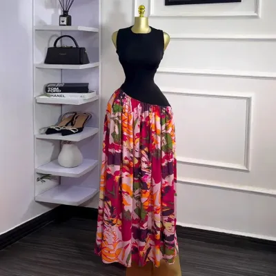 Women Fashion Sexy Printed Stitching Sleeveless Slim Fit Dress