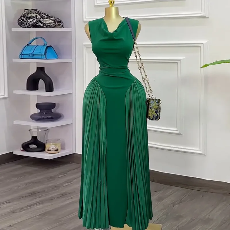 Women Sexy Solid Color Stitching Sleeveless Pleated Maxi Dress