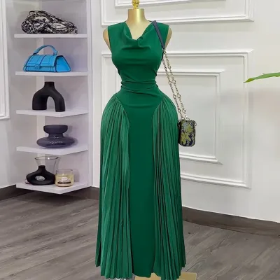 Women Sexy Solid Color Stitching Sleeveless Pleated Maxi Dress
