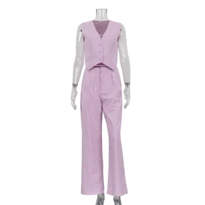 Women Casual Cotton Linen Sleeveless Tank Top Loose Pants Two-Piece Set