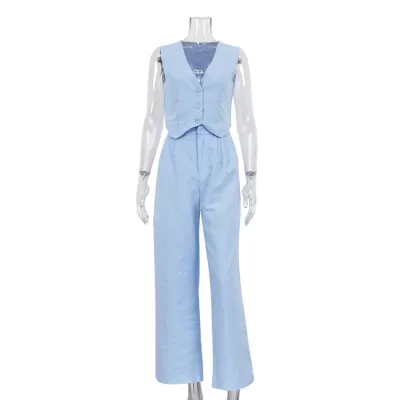 Women Casual Cotton Linen Sleeveless Tank Top Loose Pants Two-Piece Set