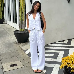 Women Casual Cotton Linen Sleeveless Tank Top Loose Pants Two-Piece Set