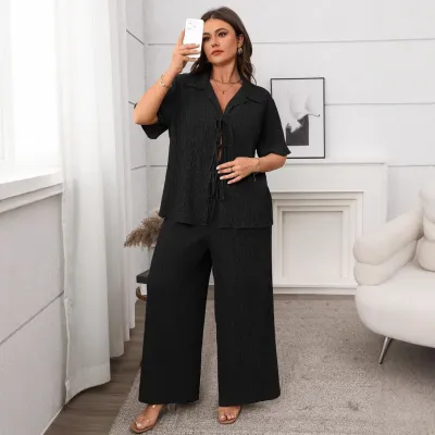 Women Plus Size Casual Solid Color Lapel Short-Sleeve Top Loose Pants Two-Piece Set