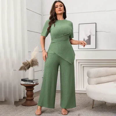 Women Fashion Casual Plus Size Solid Color Irregular Short Sleeve Top Wide Leg Pants Two-Piece Set