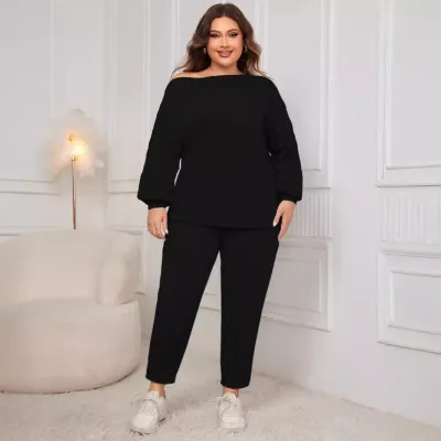 Women Fashion Casual Plus Size Solid Color Long-Sleeve Top Slim Fit Pants Two-Piece Set
