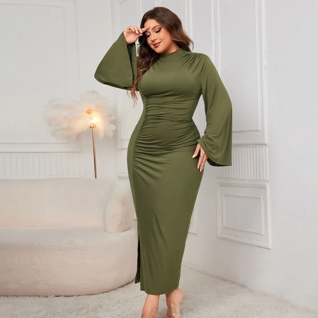 Women Plus Size Solid Color High Collar Long-Sleeve Slim Fit Split Dress