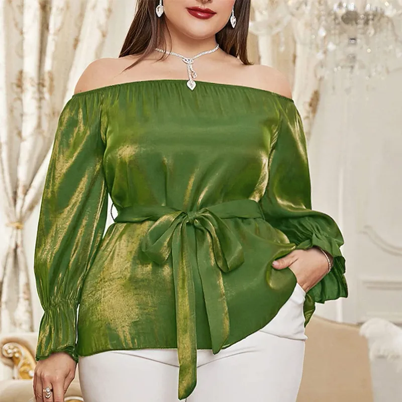 Women Plus Size Off-Shoulder V-Neck Lace-Up Long Sleeve Blouse Solid Color