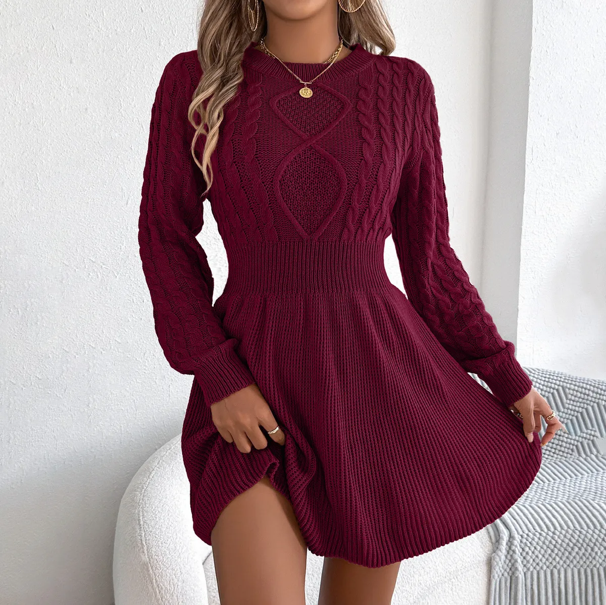 Women Casual Autumn Winter Solid Color Twist Waist Long Sleeve Loose Knitted A-Line Dress