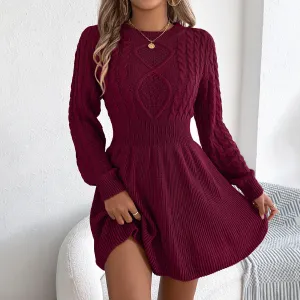 Women Casual Autumn Winter Solid Color Twist Waist Long Sleeve Loose Knitted A-Line Dress