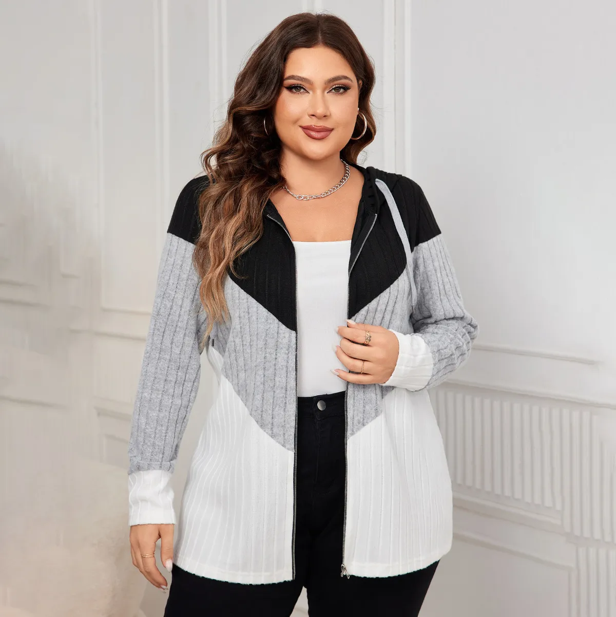 Women Fashion Casual Plus Size Stripe Contrast Color Loose Long-Sleeve Hoodies