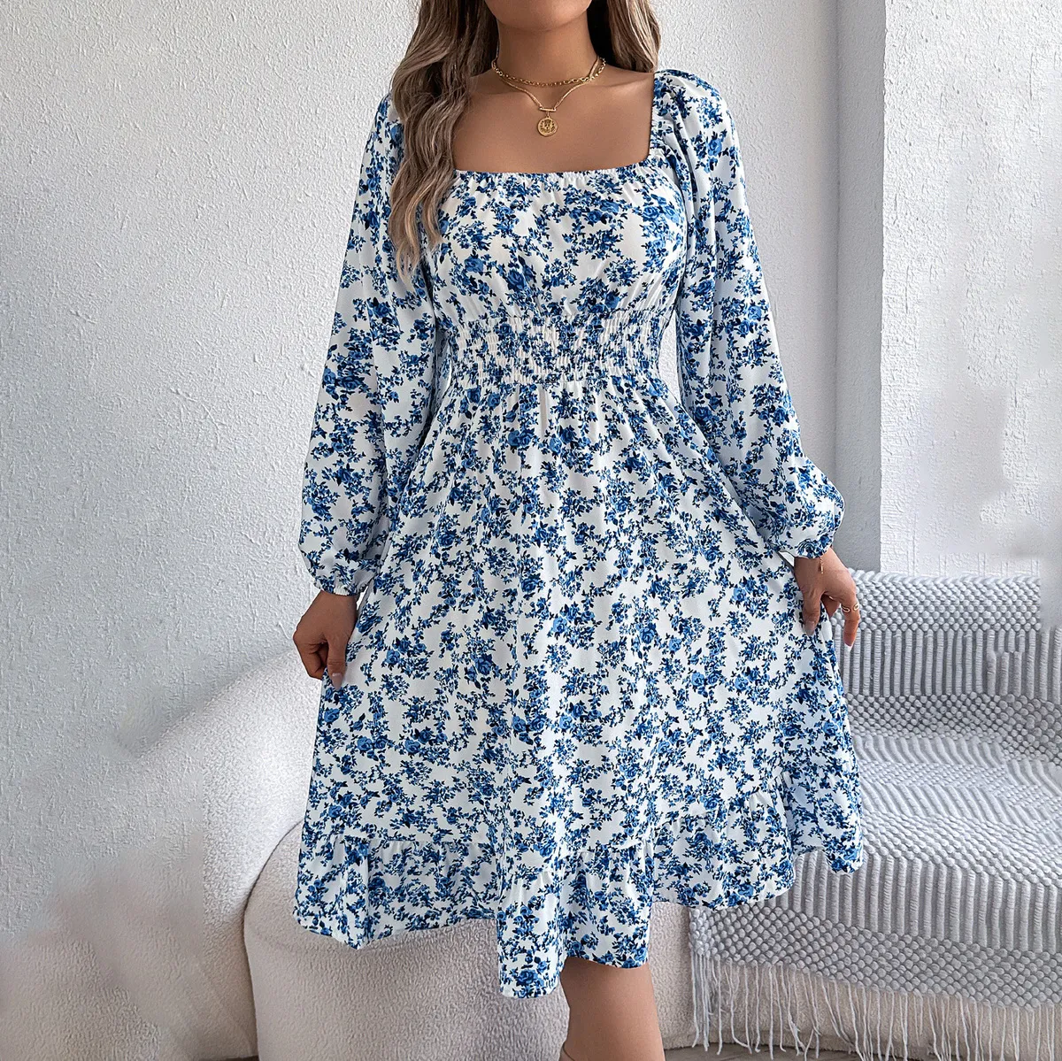 Women Elegant Floral Printed Square Neck Long Sleeve Loose Dress