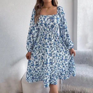 Women Elegant Floral Printed Square Neck Long Sleeve Loose Dress