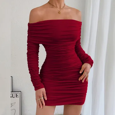 Women Fashion Sexy Solid Color Off-Shoulder Long-Sleeve Pleated Slim-Fit Dress