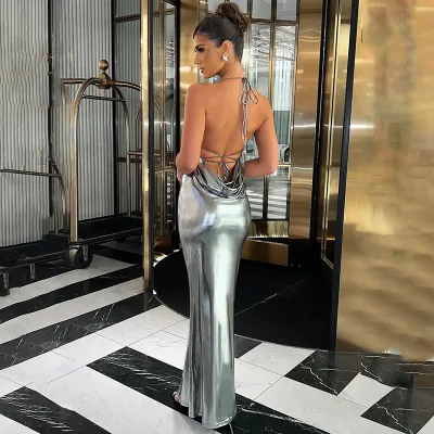 Women Sexy Halter-Neck Backless Slim Fit Maxi Dress