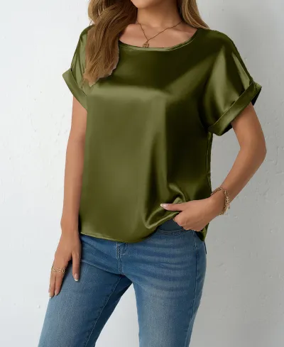 Women Casual Satin Short-Sleeve Loose T-Shirt Solid Color