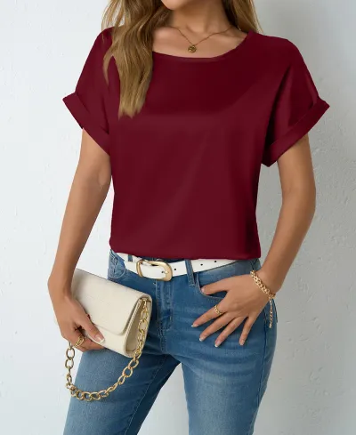 Women Casual Satin Short-Sleeve Loose T-Shirt Solid Color