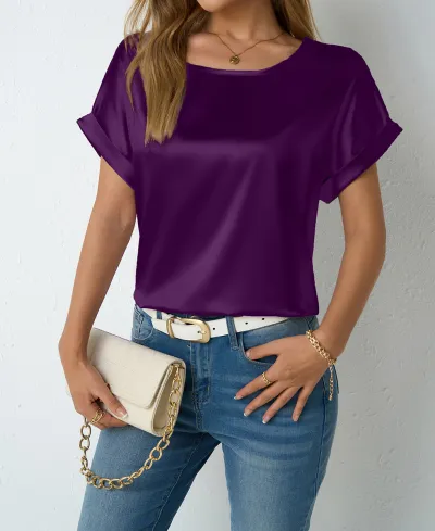 Women Casual Satin Short-Sleeve Loose T-Shirt Solid Color