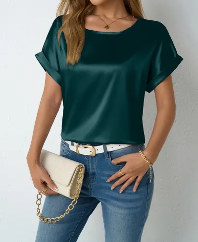 Women Casual Satin Short-Sleeve Loose T-Shirt Solid Color