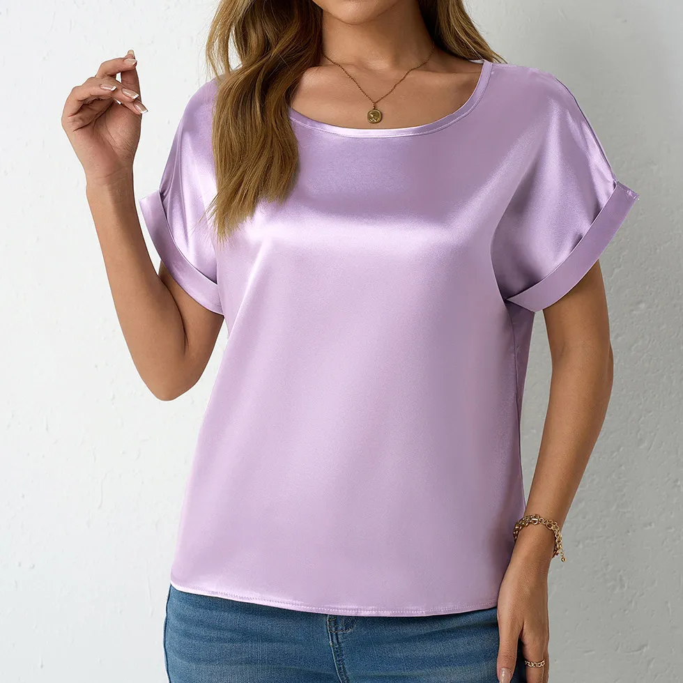 Women Casual Satin Short-Sleeve Loose T-Shirt Solid Color