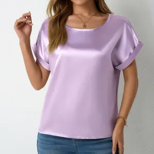 Women Casual Satin Short-Sleeve Loose T-Shirt Solid Color