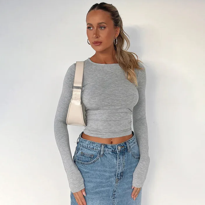 Women Casual Solid Color Long-Sleeve Slim-Fit Polyester T-Shirt