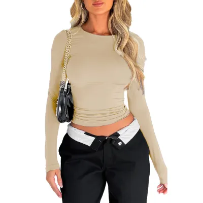 Women Casual Solid Color Long-Sleeve Slim-Fit Polyester T-Shirt