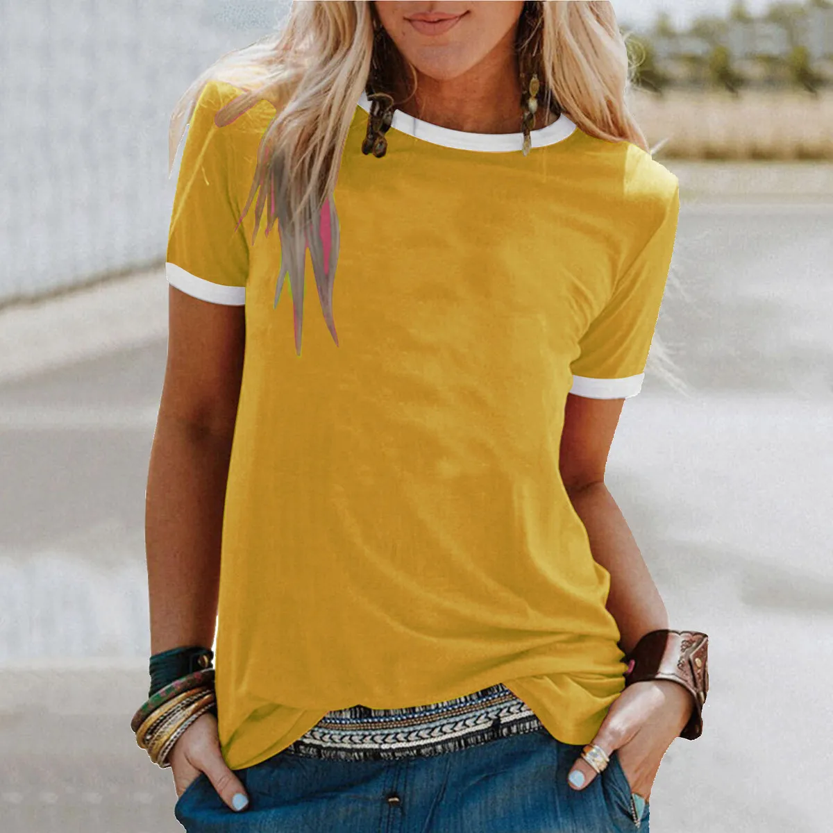 Women's Casual Loose Fit Round Neck Short-Sleeve Solid Color Polyester T-Shirt