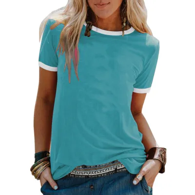 Women's Casual Loose Fit Round Neck Short-Sleeve Solid Color Polyester T-Shirt