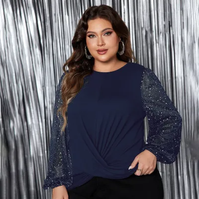 Women Fashion Casual Plus Size Solid Color Round Neck Puff Sleeve Stitching Loose Blouse