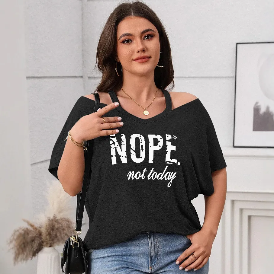 Women Fashion Casual Plus Size Off-Shoulder Letter Printed Short-Sleeve T-Shirt