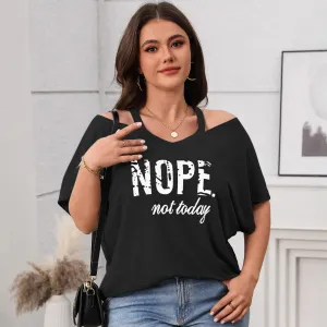 Women Fashion Casual Plus Size Off-Shoulder Letter Printed Short-Sleeve T-Shirt
